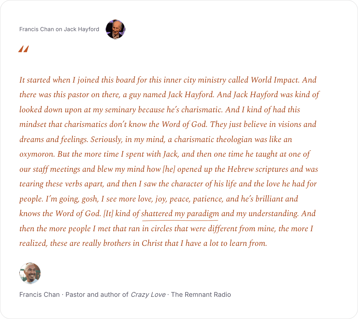 Francis Chan on Jack Hayford, the complete answer from The Remnant Radio interview.